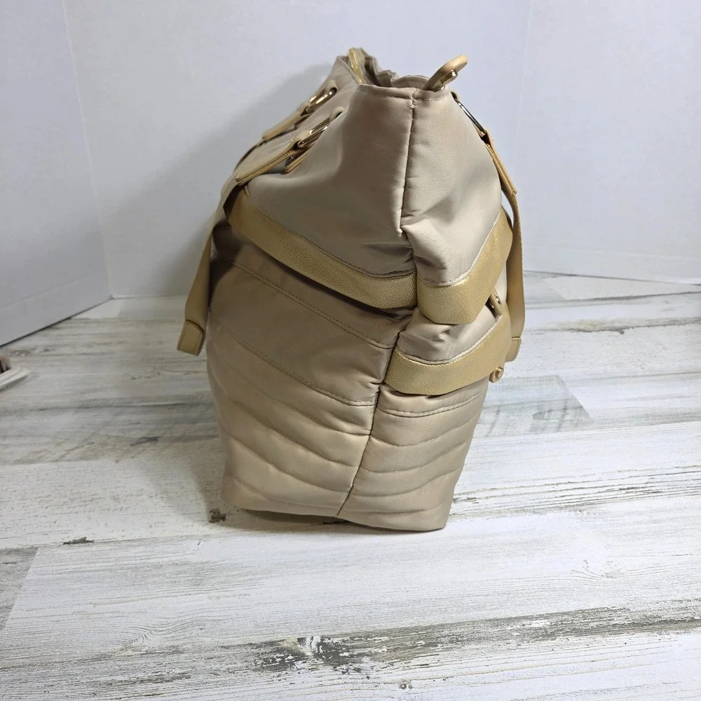 Chicos Large Tote Bag Champagne Gold Nylon Vegan Leather Weekender Travel Purse